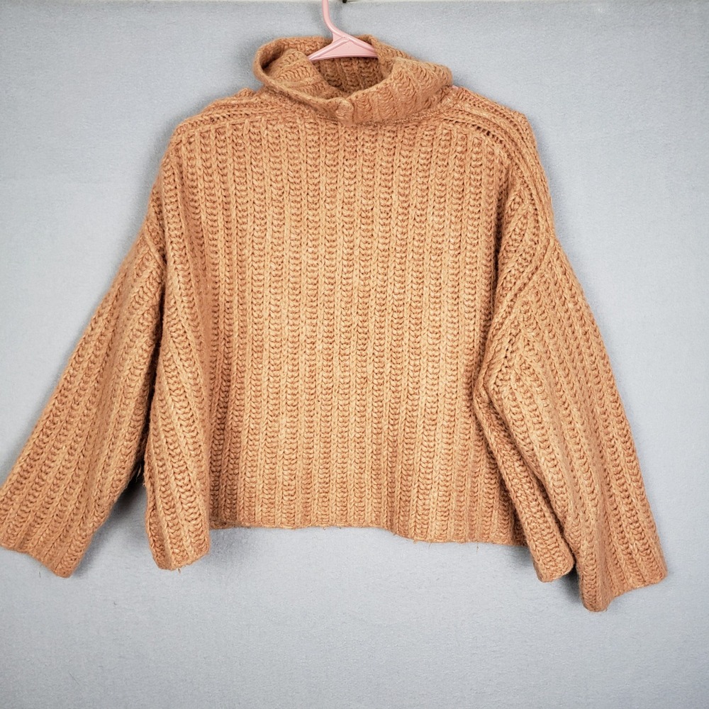 Free People Size M Chunky Knit Turtleneck Sweater Camel Tan Wool Alpaca Winter‎ - Picture 8 of 9